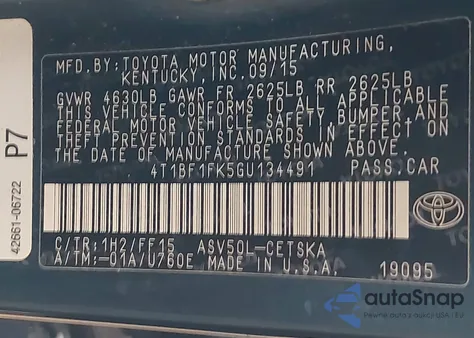 2016 Toyota Camry Se z USA, uszkodzony, nr VIN 4T1BF1FK5GU134491